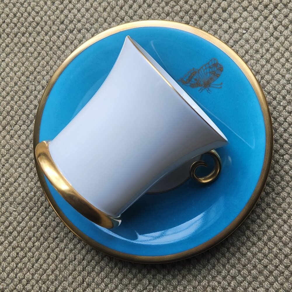 Herend Blue Butterfly Coffee Chocolate Gold Spiral Handle Cup and Saucer Set - Picture 2 of 11